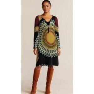 Aryeh Sweater Dress Womens S Brown Geometric Boho Chic Artsy Retro Long Sleeve